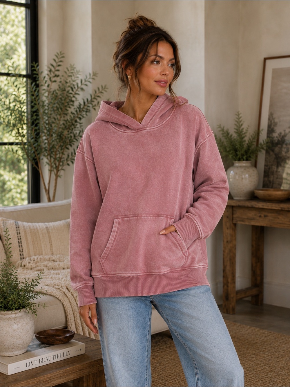 380. Women's Winter Rose Fleece Acid Wash Kangaroo Pocket Hoodie NEW